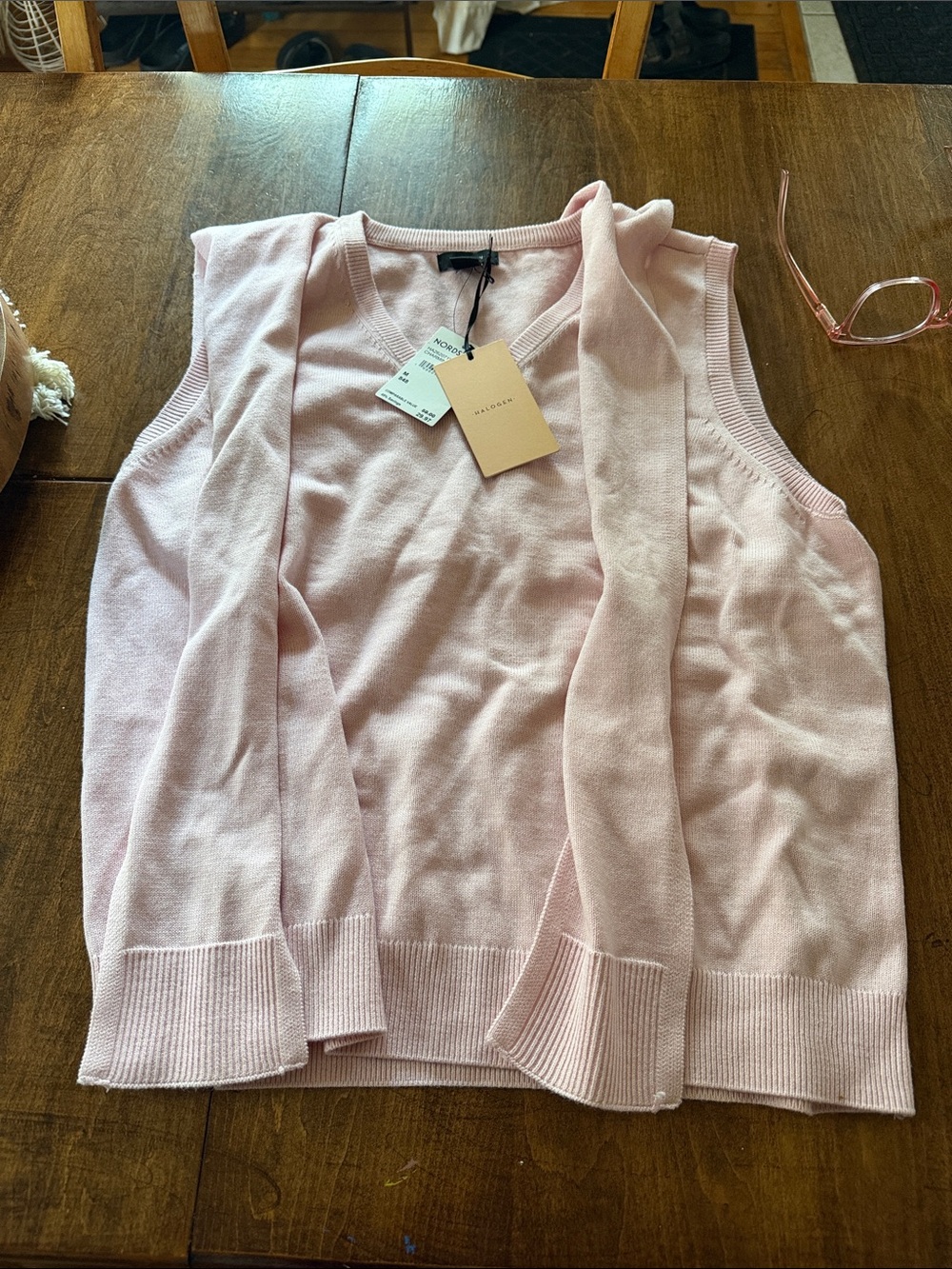 Halogen Sleeveless V-Neck Sweater with Attached Scarf - Light Pink